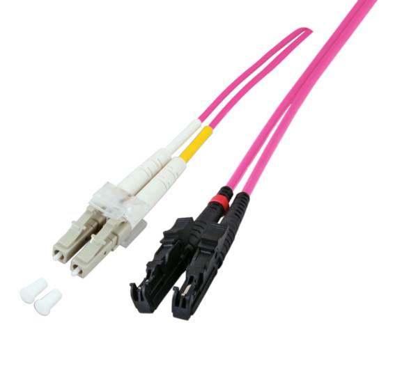 „Rosa Glasfaserkabel mit LC- und SC-Steckverbindern, geeignet für Hochgeschwindigkeitsdatenübertragung. Zwei Schutzabdeckungen im Lieferumfang enthalten.