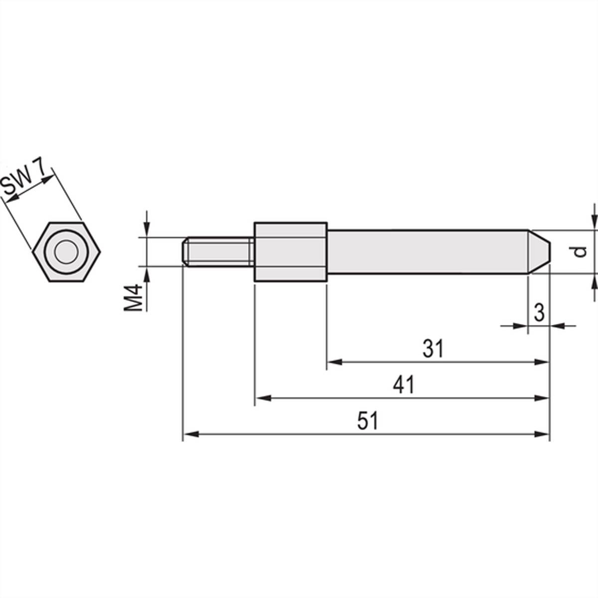 Technische Zeichnung einer Sechskantschraube mit Maßen: Gesamtlänge 51 mm, Gewindelänge 31 mm, M4-Gewinde, SW7.