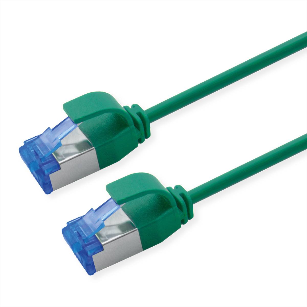 Zwei grüne Ethernet-Kabel mit transparenten Steckern, die für Netzwerkverbindungen verwendet werden.