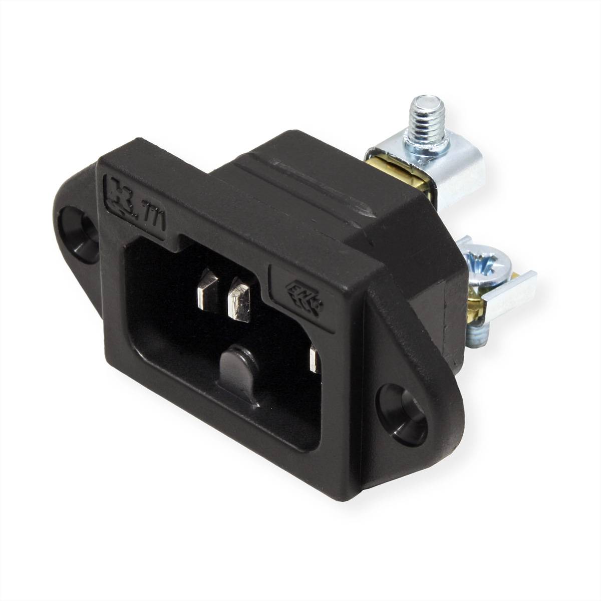 Eine schwarze AC-Stromeingangsbuche mit zwei Befestigungslöchern und Metallstiften, die zum Anschließen elektronischer Geräte an eine Stromquelle verwendet wird.