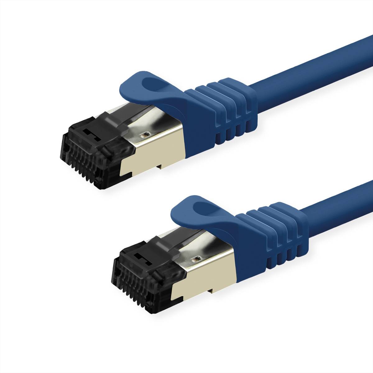 Zwei blaue Ethernet-Kabel mit Metallsteckern nebeneinander, die ihr Design und ihre Funktionalität für Netzwerkverbindungen zeigen.