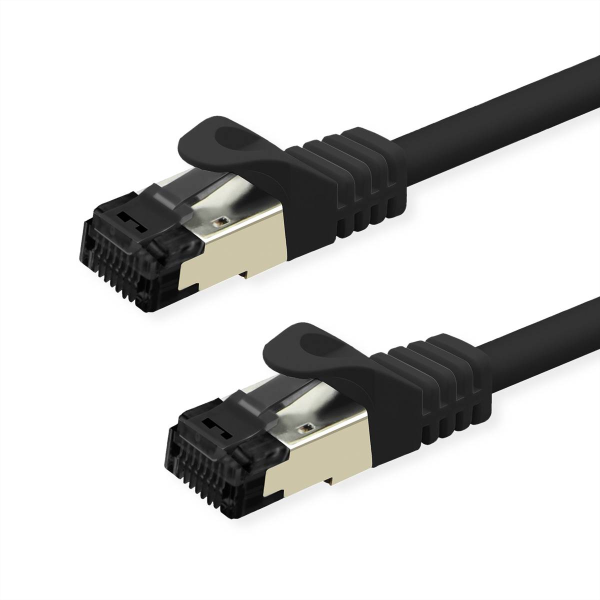 Zwei schwarze Ethernet-Kabel mit Metallverbindungsstücken, parallel positioniert, zeigen die Details der Stecker und sind ein Zeichen für Datenkonnektivitätswerkzeuge.