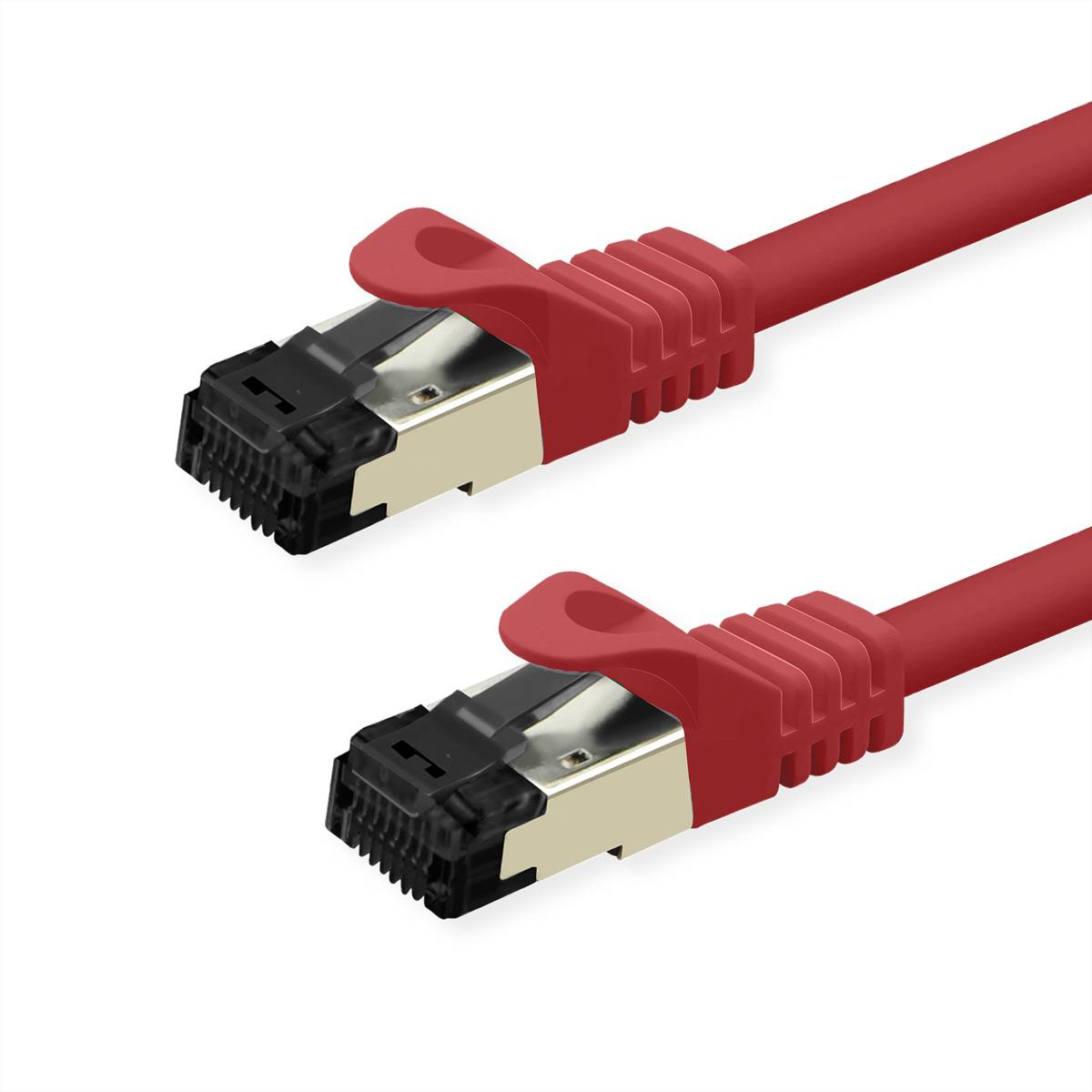 Zwei rote Ethernet-Kabel mit RJ45-Steckern auf weißem Hintergrund, wobei die Stecker an jedem Kabelende deutlich sichtbar sind.