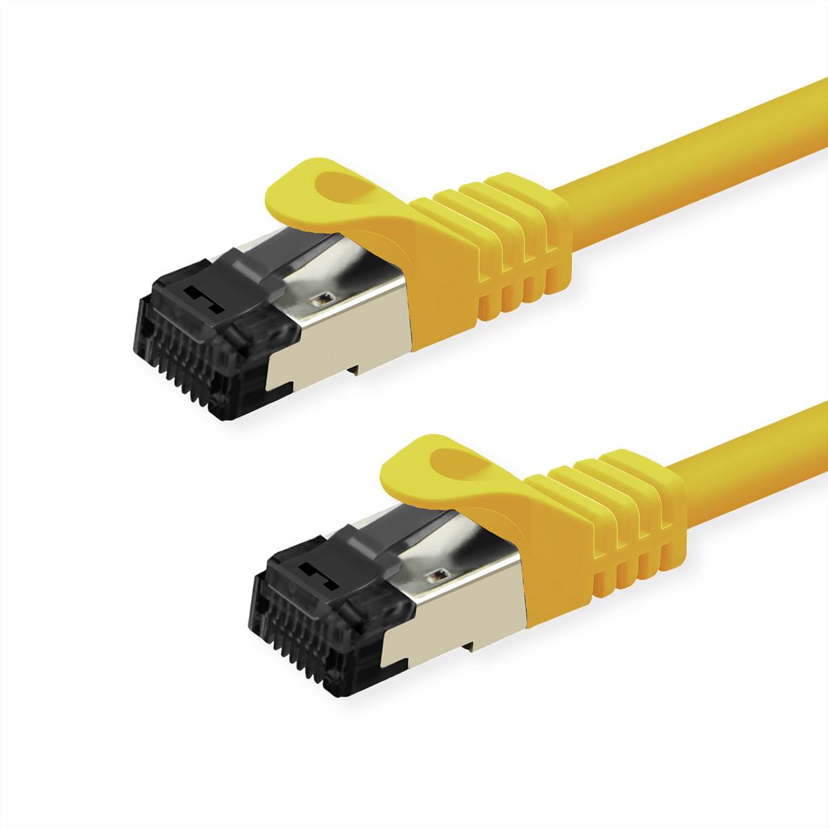 Zwei gelbe Ethernet-Kabel mit Metallverbindern, parallel zueinander positioniert, wahrscheinlich für Netzwerkverbindungen verwendet.
