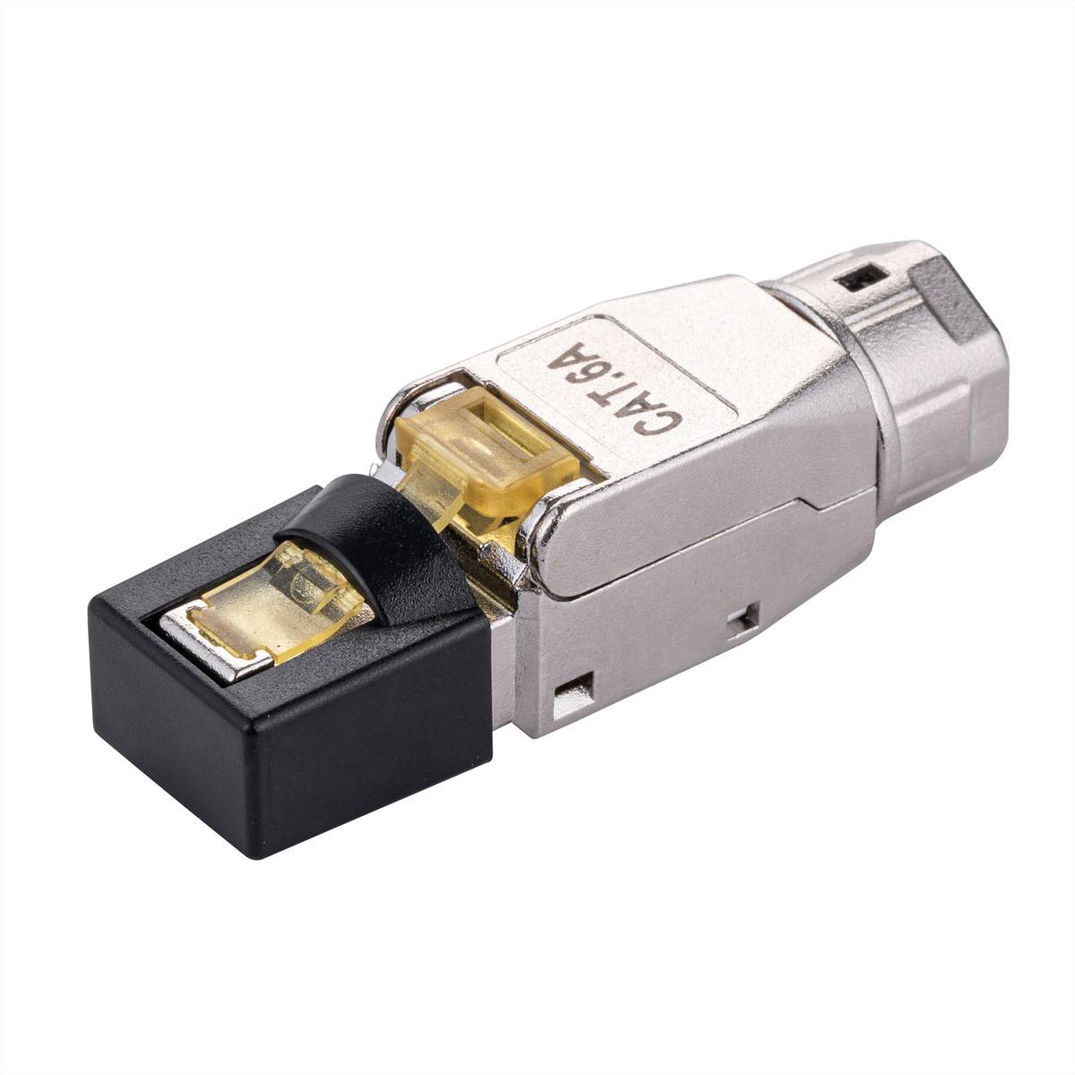 Ein metallischer CAT 6A RJ45 Ethernet-Stecker mit schwarzem Kunststoffende und gelbem Innenbauteil, entwickelt für Hochgeschwindigkeits-Datenverbindungen.