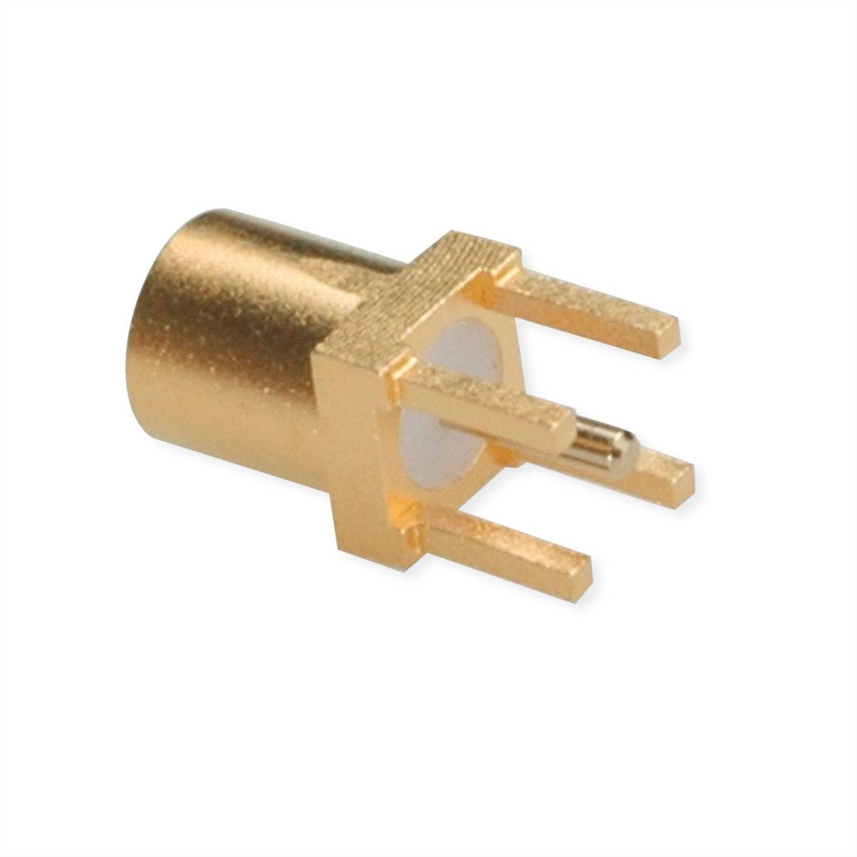 Ein vergoldeter HF-Koaxialstecker mit zylindrischer Form und drei Stiften.