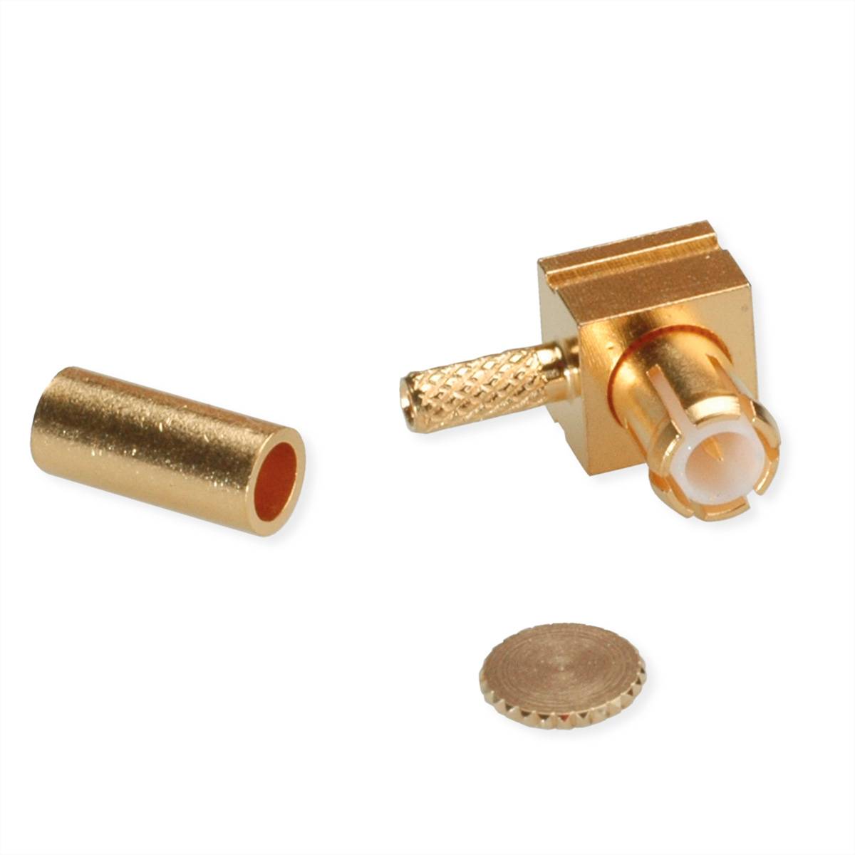 Ein vergoldeter rechtwinkliger koaxialer Steckverbinder in Teilen, wobei Stift- und Gehäuseteile auf weißem Hintergrund gezeigt werden.