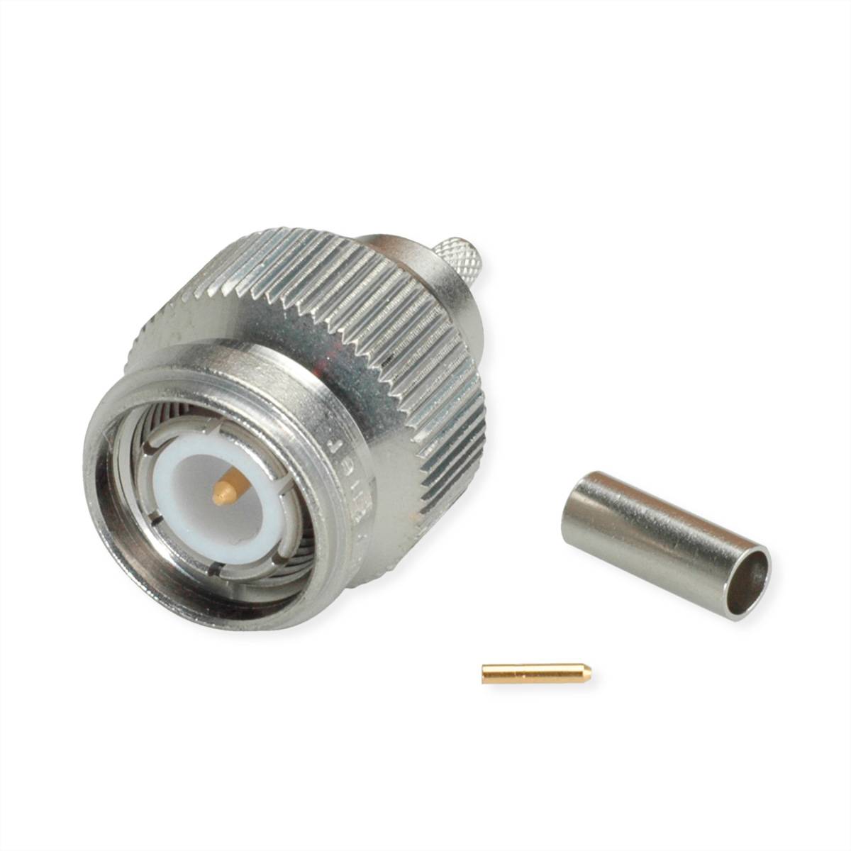 Ein silberner Metallkoaxialstecker und zwei kleine zylindrische Komponenten, eine hohle und eine massive, auf weißem Hintergrund.