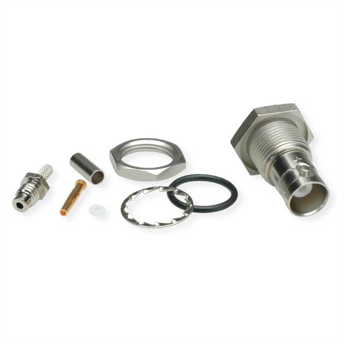 Verschiedene Komponenten einer HF-Steckerverbindung, einschließlich Metall- und Gummiteilen, in einer Reihe auf weißem Hintergrund angeordnet.