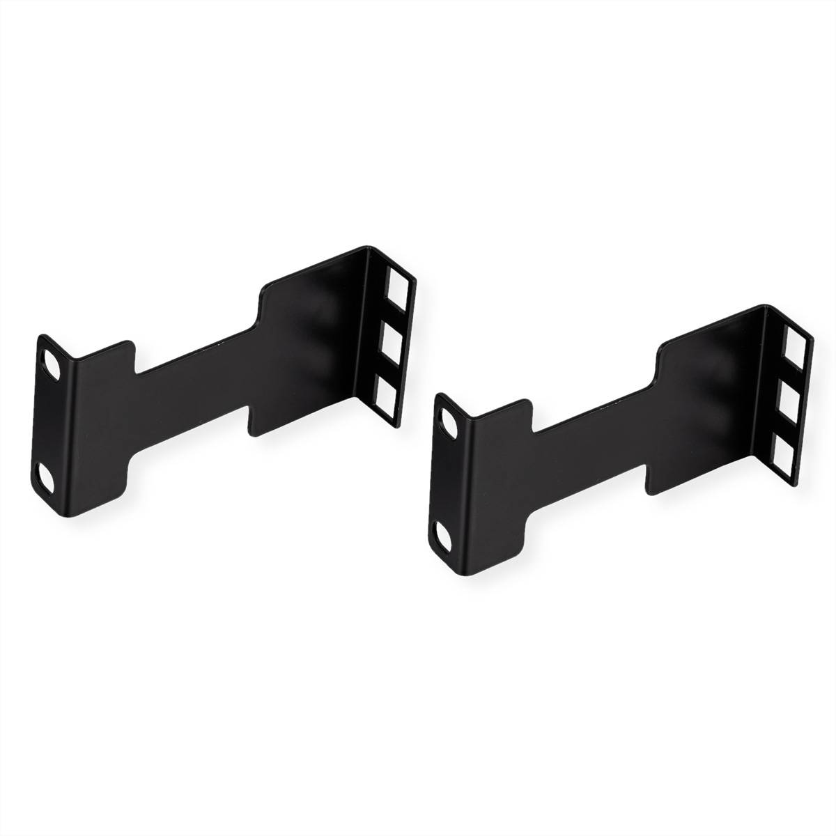 Zwei schwarze Metallklammern für die Wandmontage konzipiert, mit je drei quadratischen Löchern auf jeder Seite für Schrauben oder Befestigungen.