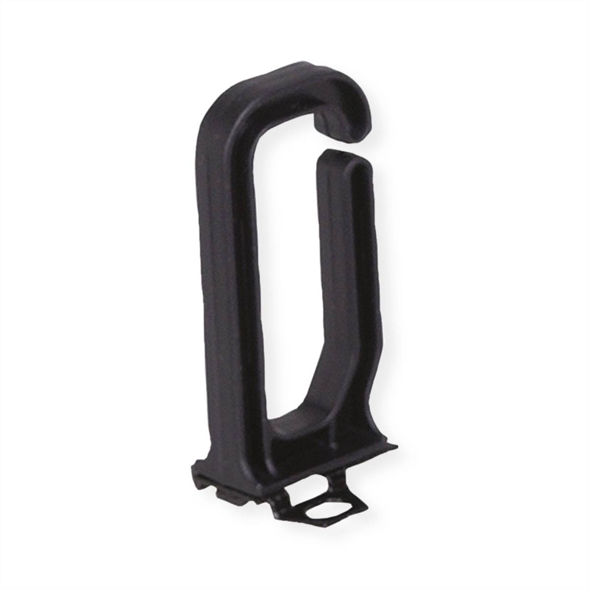 Eine schwarze Kunststoffkabelklemme mit U-förmigem Design, die zum Bündeln und sicheren Befestigen von Kabeln oder Drähten verwendet wird.