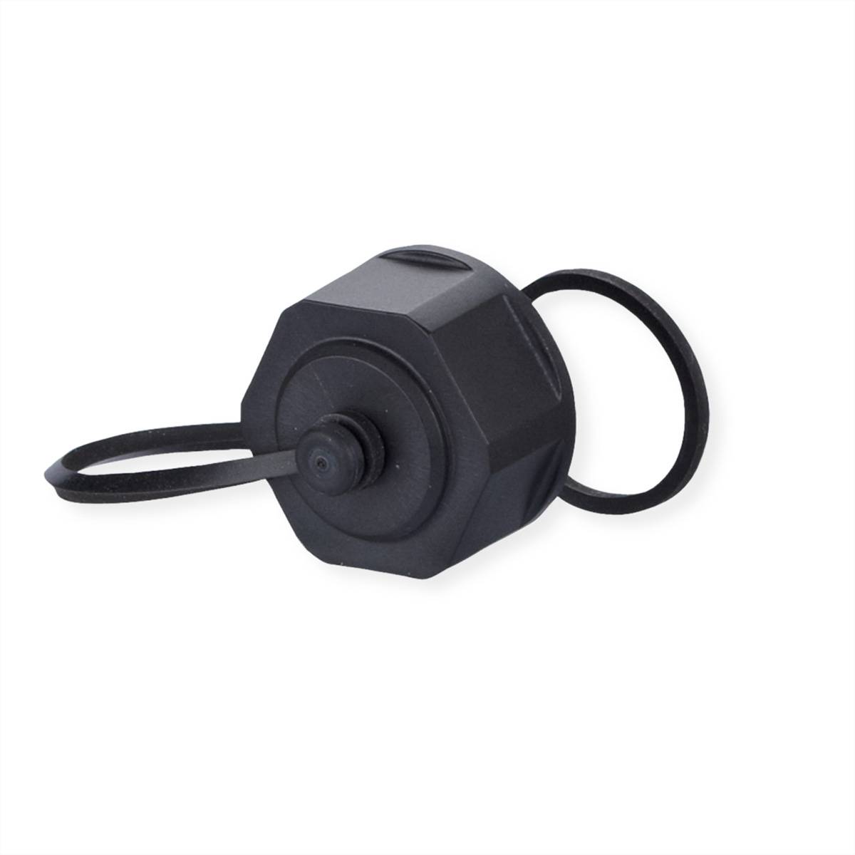 Eine schwarze Objektivschutzkappe für Kameraobjektive mit befestigtem Riemen, entwickelt zum Schutz des Objektivs vor Staub und Kratzern.