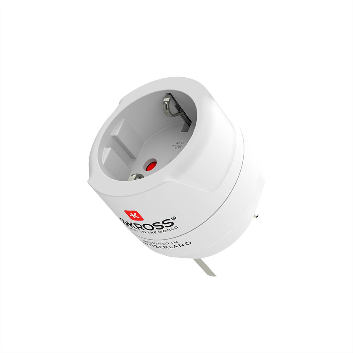 Adapterstecker mit europäischen Steckkontakten und einer runden Buchse mit der Bezeichnung „Kross