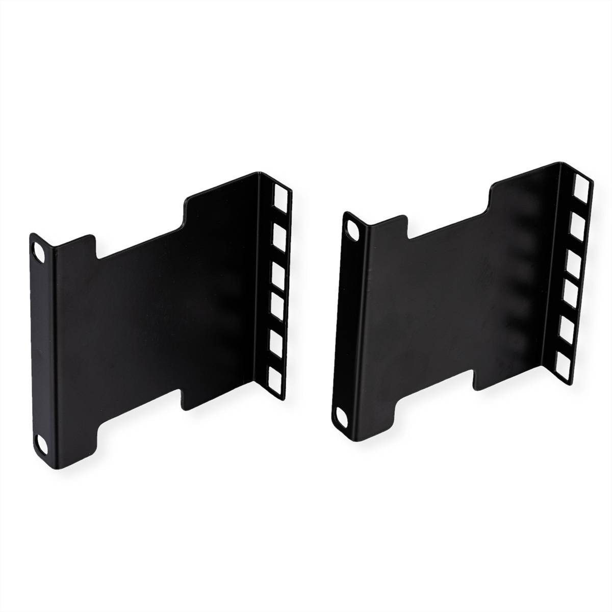 Zwei schwarze Metallhalterungen mit mehreren Bohrungen, entwickelt zum Montieren oder Abstützen von elektronischen Geräten in einem Gestell.