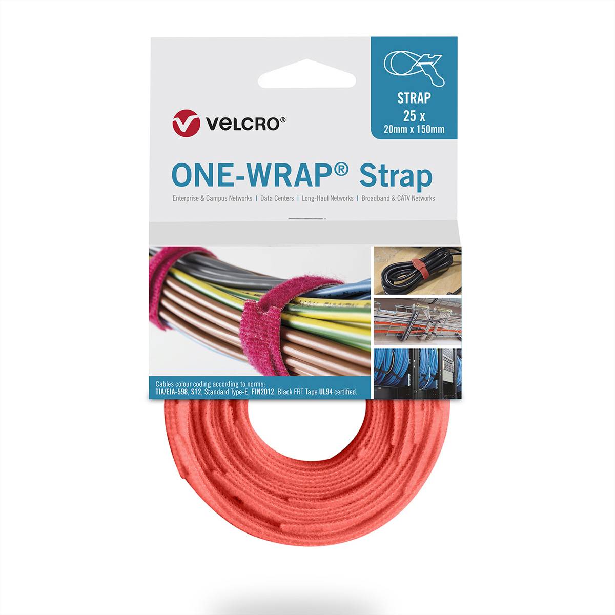 Velcro 'ONE-WRAP Strap' Verpackung mit einer aufgerollten roten Riemen. Konzipiert für Kabelorganisation. Hervorgehobene Merkmale sind 20mm x 150mm Größe.