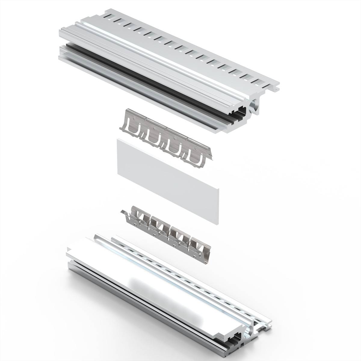 Explosionszeichnung eines modularen Schienensystems, die die Hauptkomponenten zeigt: Schiene, Verbindungselemente und Gehäuse, vertikal beabstandet angeordnet.