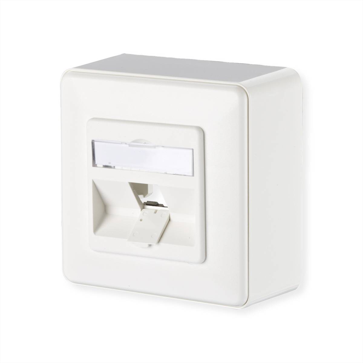 Eine weiße Kunststoff-Wandsteckdose mit Klappdeckel, entworfen für den Anschluss von Ethernet-Kabeln, in geschlossenem Zustand dargestellt.