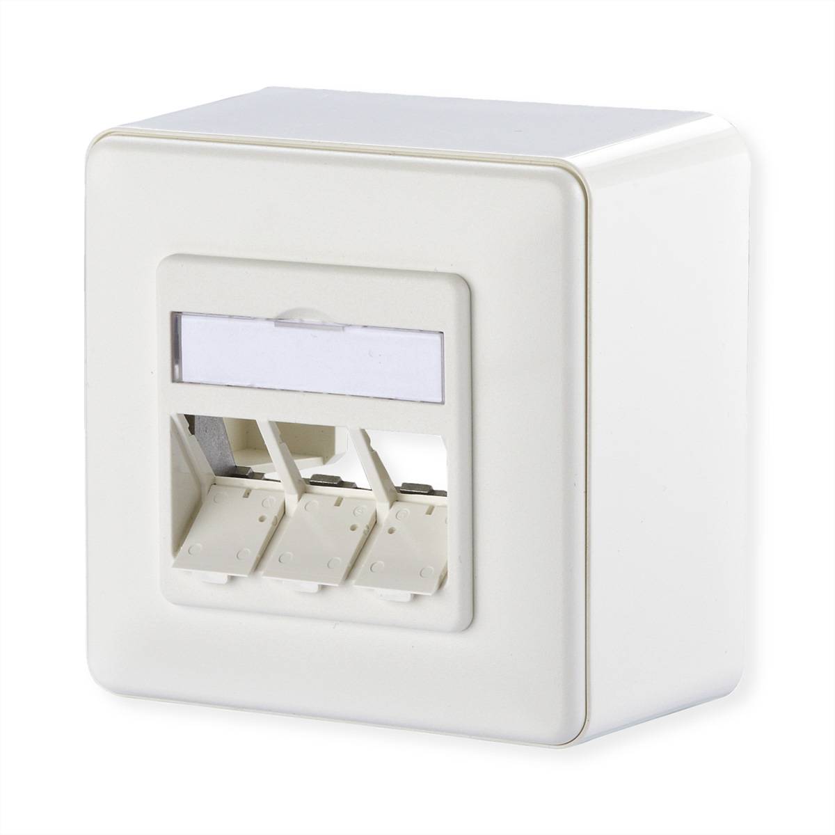 Eine weiße Kunststoff-Wandmontageplatte für Ethernet mit Buchsen für drei Netzwerkkabel, die zur Organisierung und zum Verbinden von Netzwerkverbindungen verwendet wird.