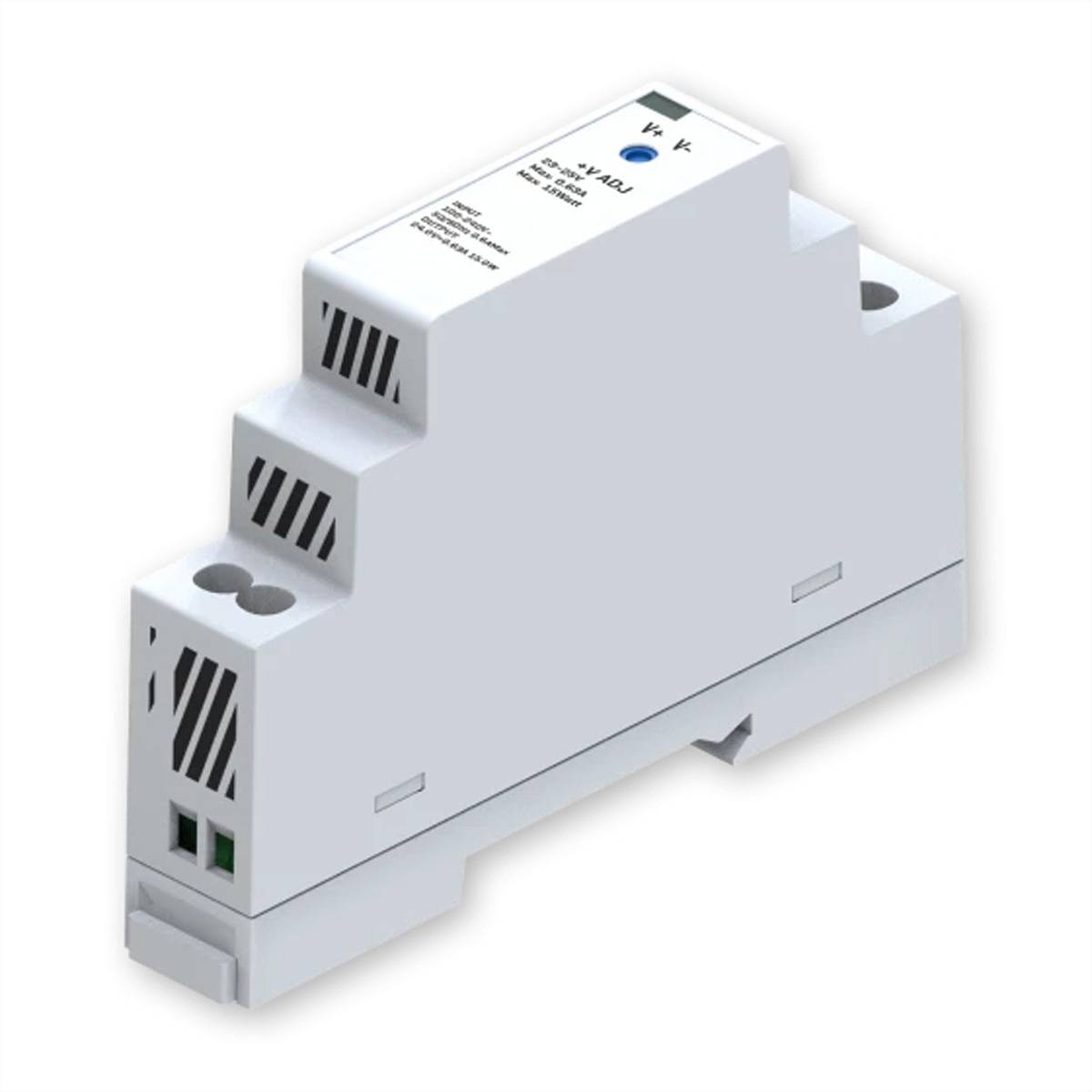 Ein weißes elektrisches DIN-Schienen-Stromversorgungsgerät mit Belüftungsöffnungen und Anschlussanschlüssen, geeignet für industrielle oder private Verwendung.