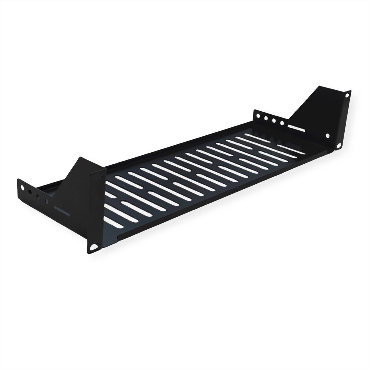 Ein schwarzes, geschlitztes Metallregal-Regalbrett, das zur Montage in Server-Racks oder Schränken konzipiert ist und Unterstützung sowie Belüftung für Ausrüstung bietet.