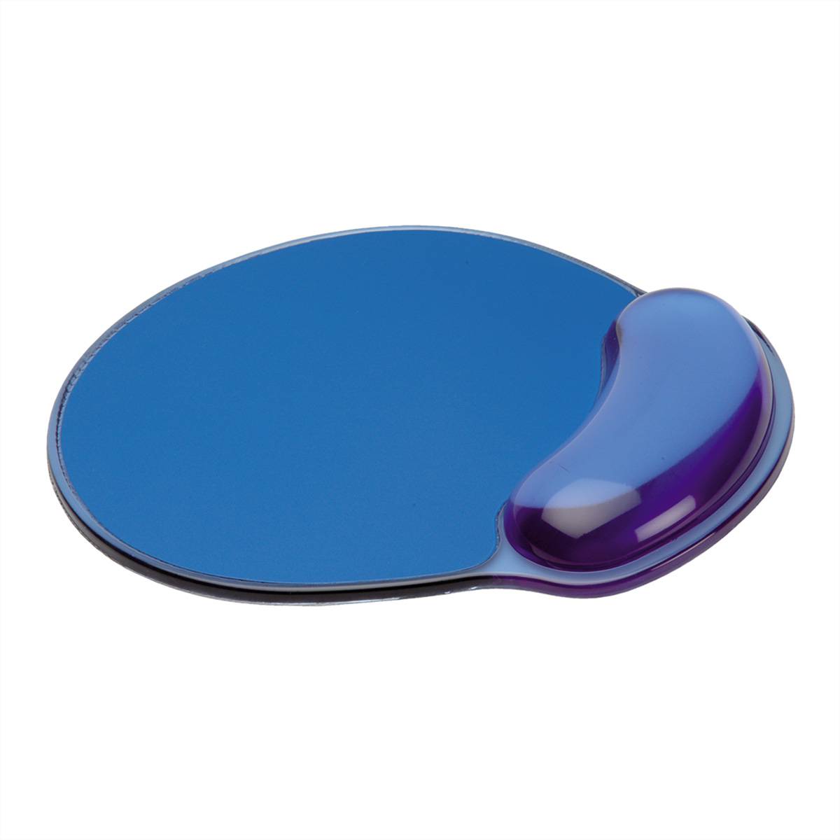 Eine blaue Mousepads mit einer gewölbten, gepolsterten Handgelenkstütze auf der rechten Seite, die für ergonomische Unterstützung bei der Computernutzung konzipiert ist.