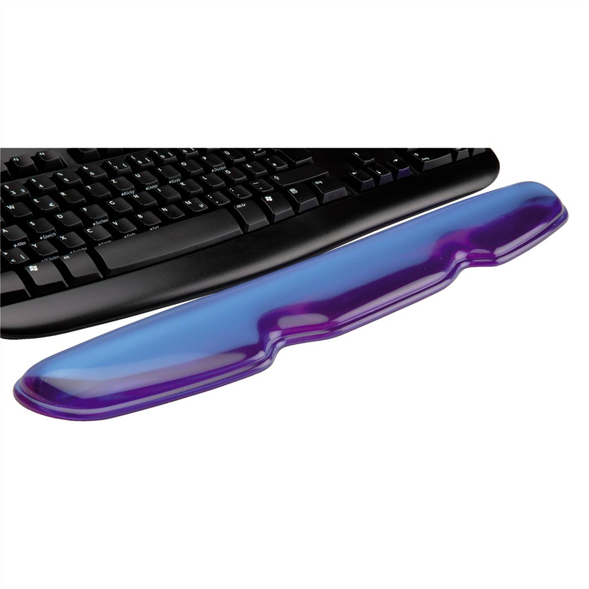 Eine schwarze Tastatur mit einer lila und blauen Gel-Handgelenkstütze vorne, entworfen um ergonomische Unterstützung für Tippkomfort zu bieten.