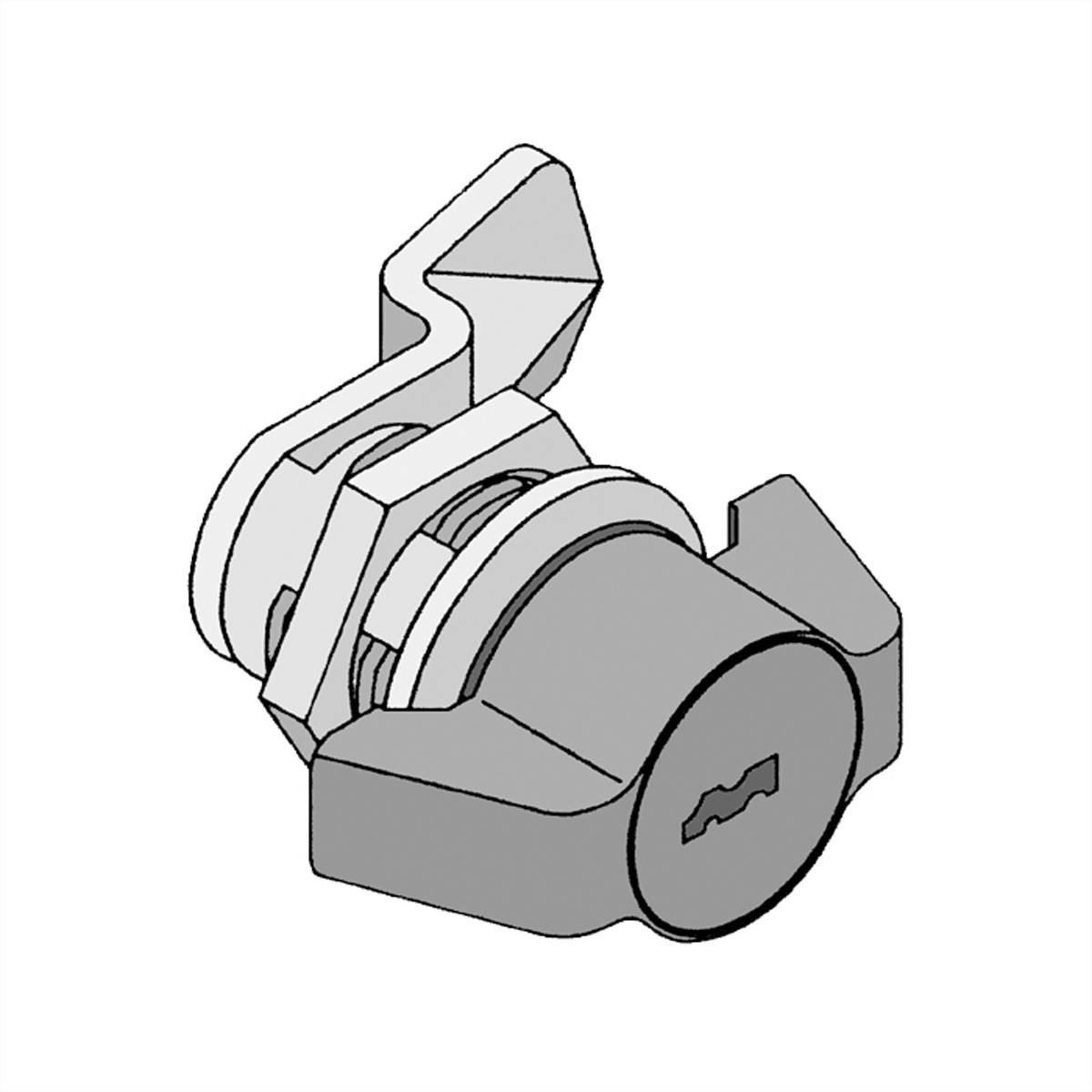 Ein silberner Nockenschloss mit sechseckiger Frontplatte und Schlüsselloch, auf einer flachen Oberfläche montiert, zum Sichern von Schränken oder Schubladen verwendet.