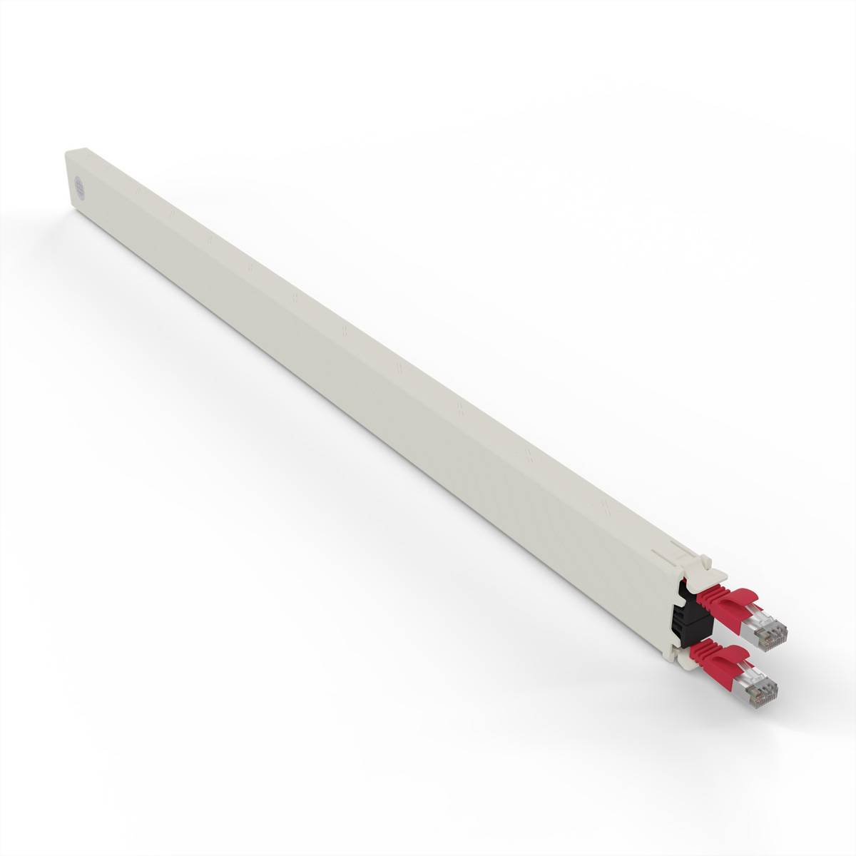 Ein langer, rechteckiger, beigefarbener Balken mit roten und schwarzen inneren Komponenten, die sich von einem Ende erstrecken und einem elektrischen Stecker oder einer Schienenstrahler-Schiene ähneln.