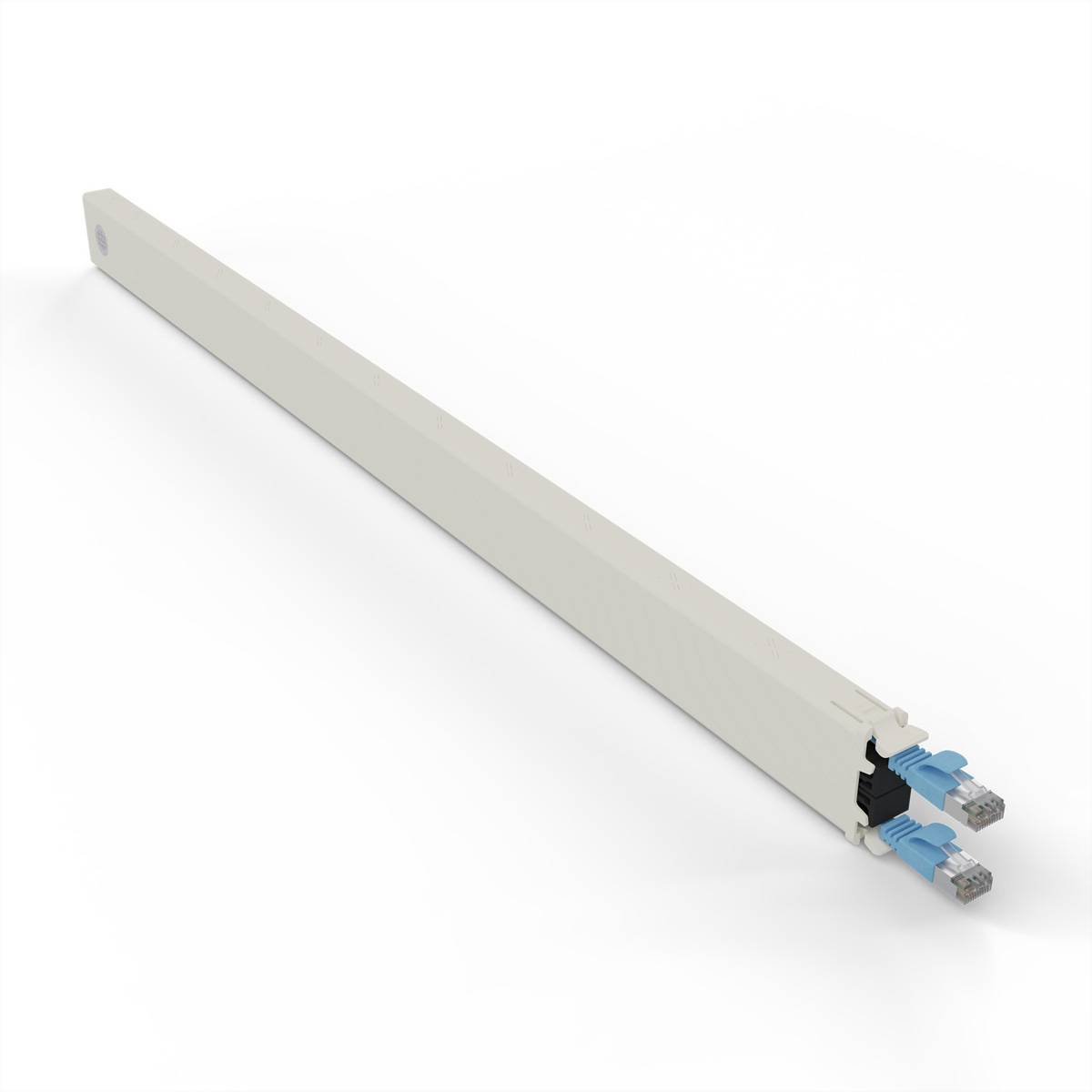 Rechteckiger Aluminiumstab mit Befestigungsmöglichkeit, schwarzer Kunststoffeinsatz und blauen Verschlüssen.