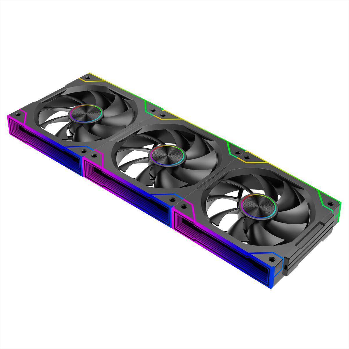 Eine Grafikkarte mit drei Kühlungslüftern und RGB-Beleuchtungsakzenten an ihren Kanten, aus einer schrägen Perspektive betrachtet.
