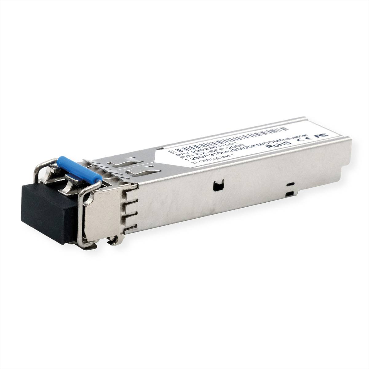 Nahaufnahme eines kleinen, rechteckigen Transceiver-Moduls, das zur Hochgeschwindigkeitsdatenübertragung in Netzwerkausrüstungen verwendet wird, mit einem metallischen Gehäuse.