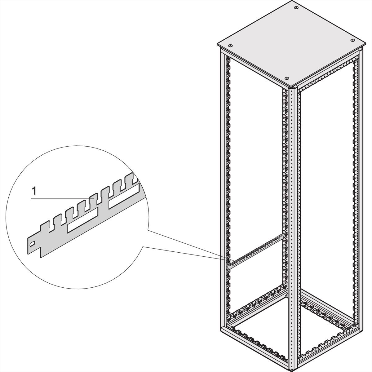 Eine Illustration eines metallenen Server-Racks mit einer eingefügten Detailansicht, die eine Nahaufnahme der Rack-Befestigungszähne zeigt.