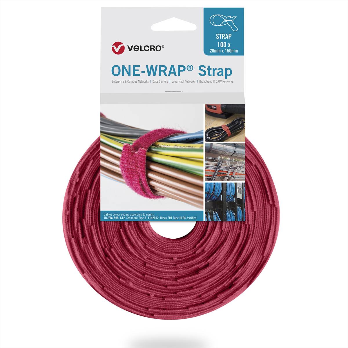 Rote Velcro 'ONE-WRAP Strap' Rolle. Das Etikett zeigt Riemen, die Kabel bündeln. Abmessungen: 100 x 20 mm. Zum Organisieren von Kabeln und Kabelbäumen.