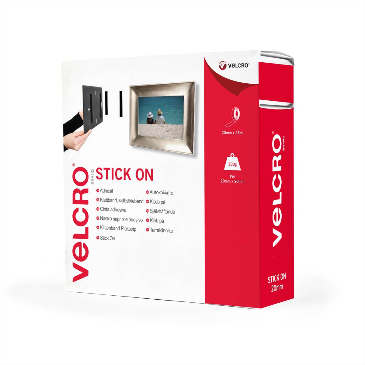 Verpackung für selbstklebende Velcro-Befestigungen, mit einer Hand, die Velcro verwendet, um ein Rahmenfoto an einer Wand zu befestigen. Die Schachtel hebt die Produktabmessungen hervor.