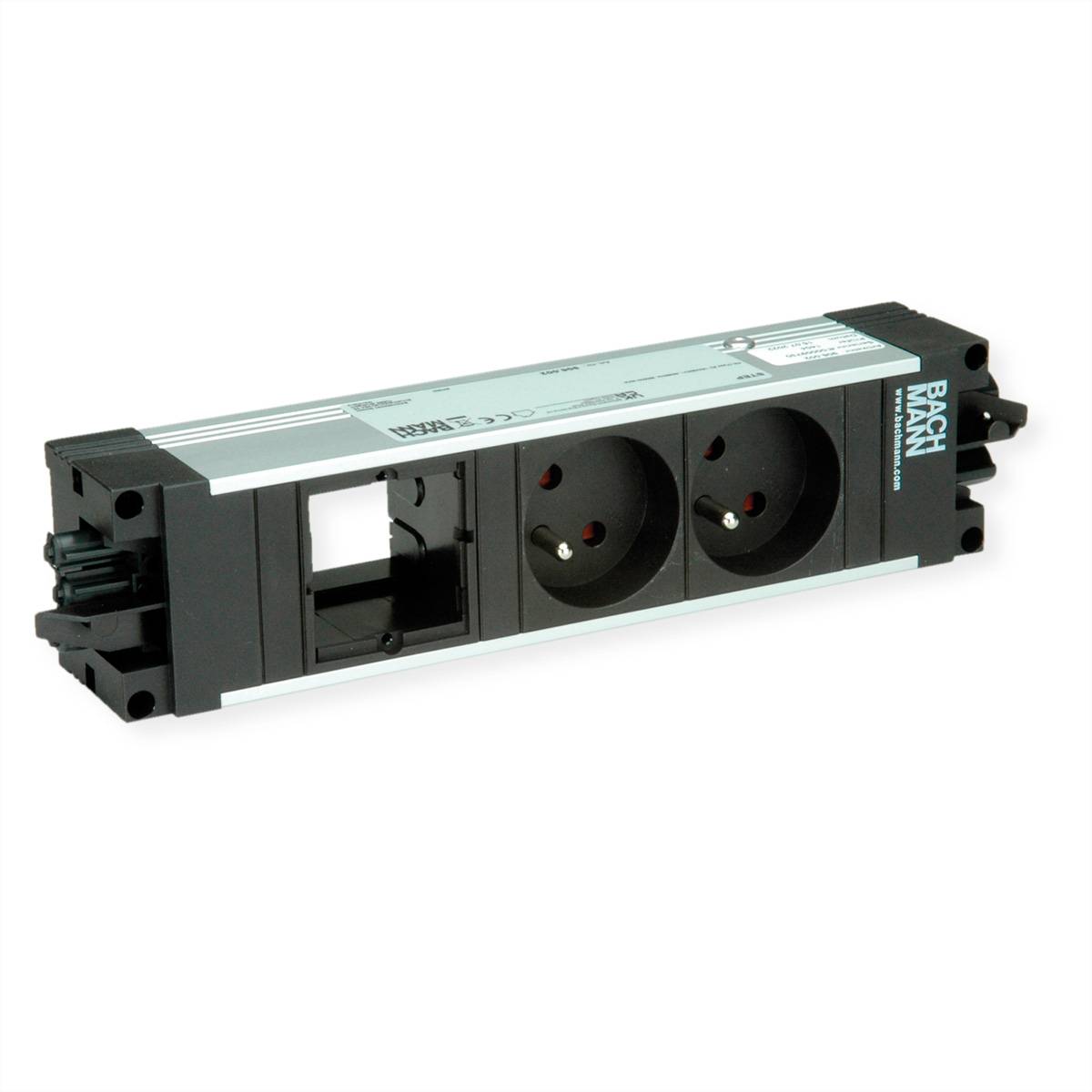 Eine schwarze Stromversorgungseinheit im Rack-Format mit zwei runden Steckdosen.