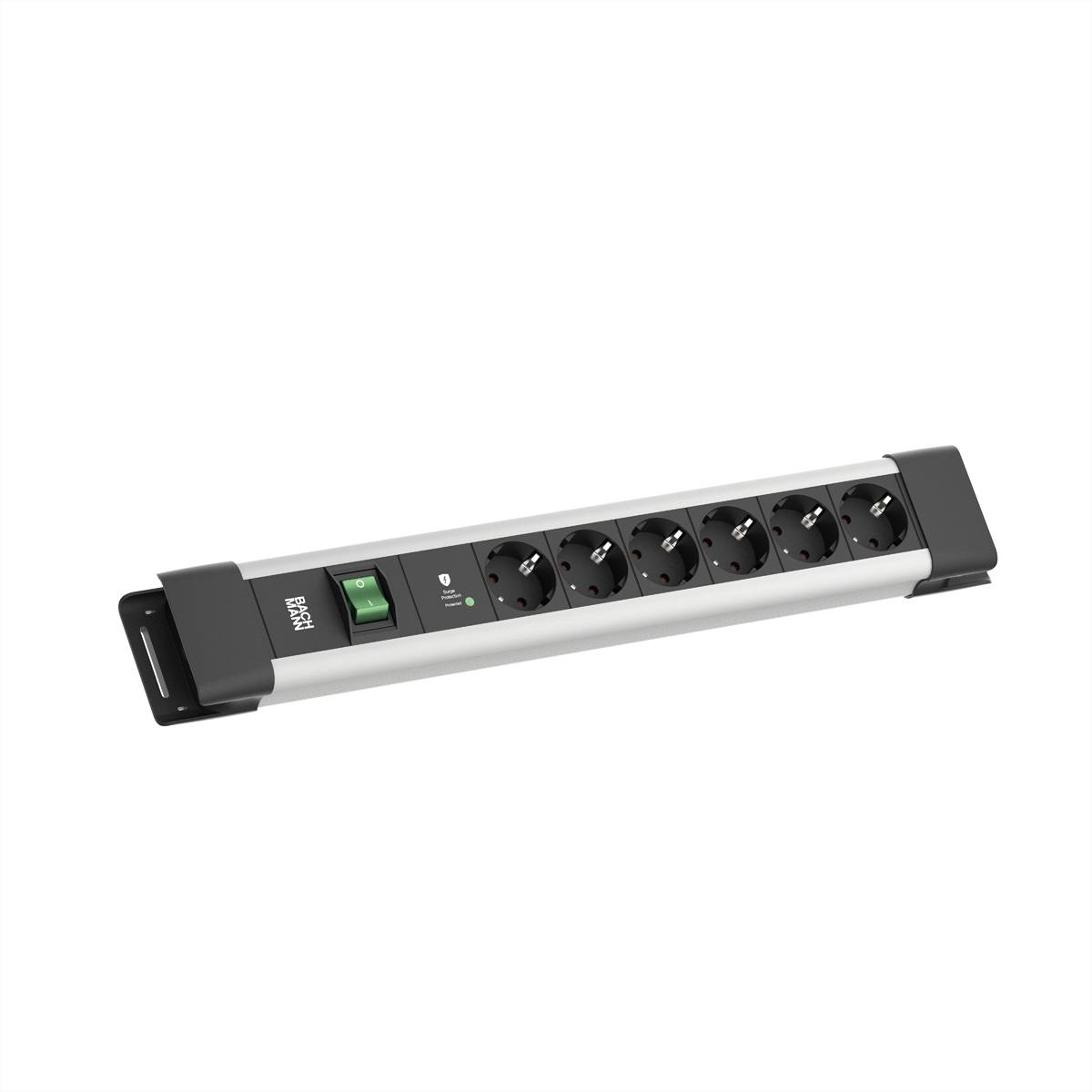 Eine Steckerleiste mit sechs Buchsen, Ein-/Ausschalter und Überspannungsschutzanzeige, entwickelt für elektrische Geräte.