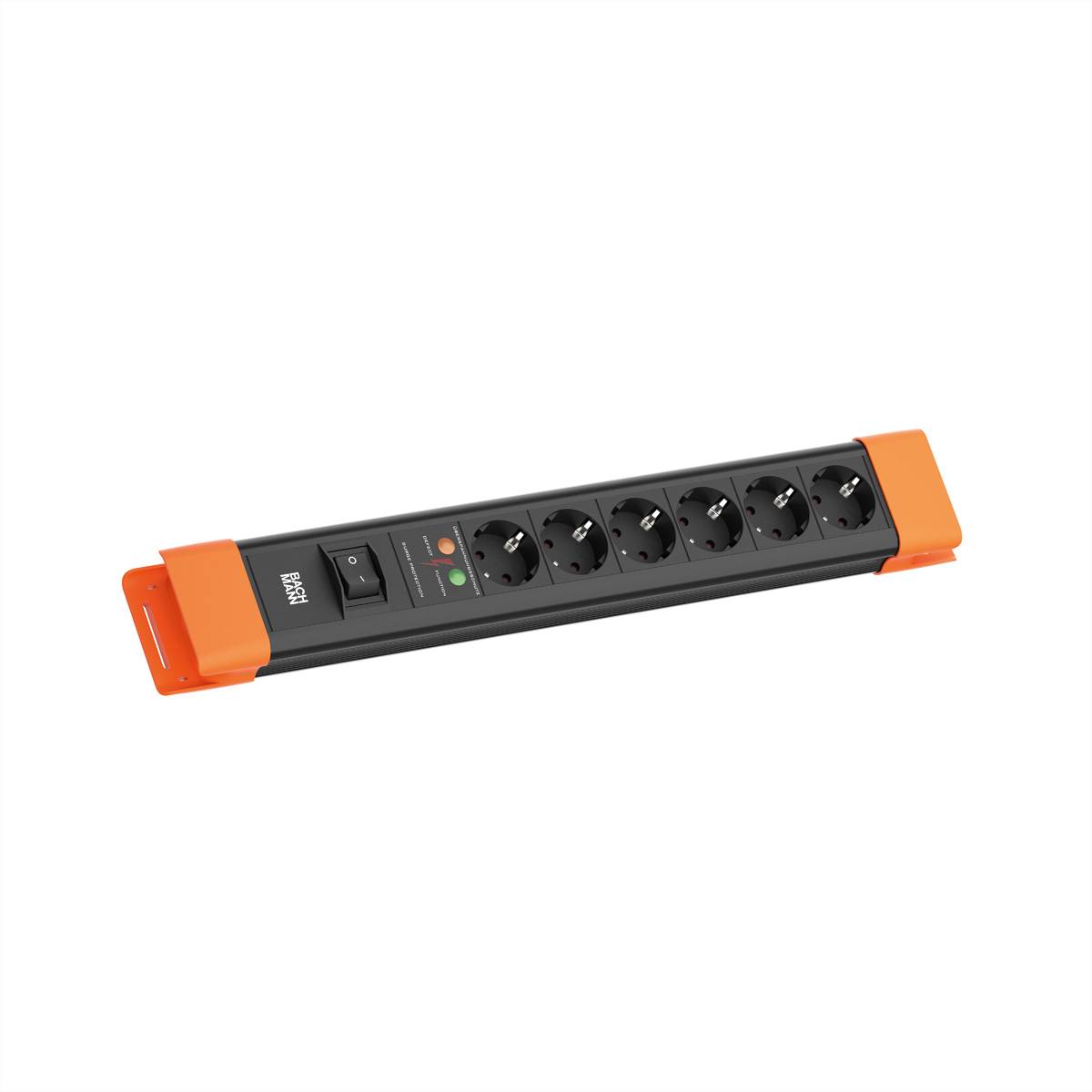Eine schwarze Steckdosenleiste mit sechs Steckdosen, orangefarbenen Enden, einem Schalter und Kontrollleuchten.