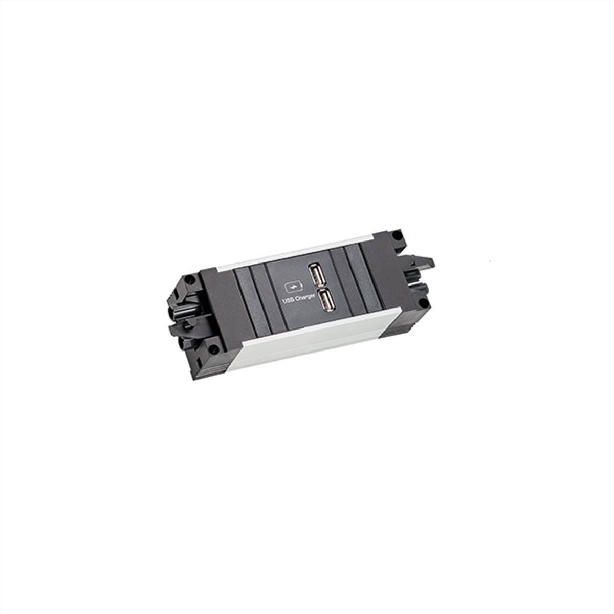 USB-Lademodul mit zwei Anschlüssen und kompaktem, rechteckigem Design in Schwarz und Grau.
