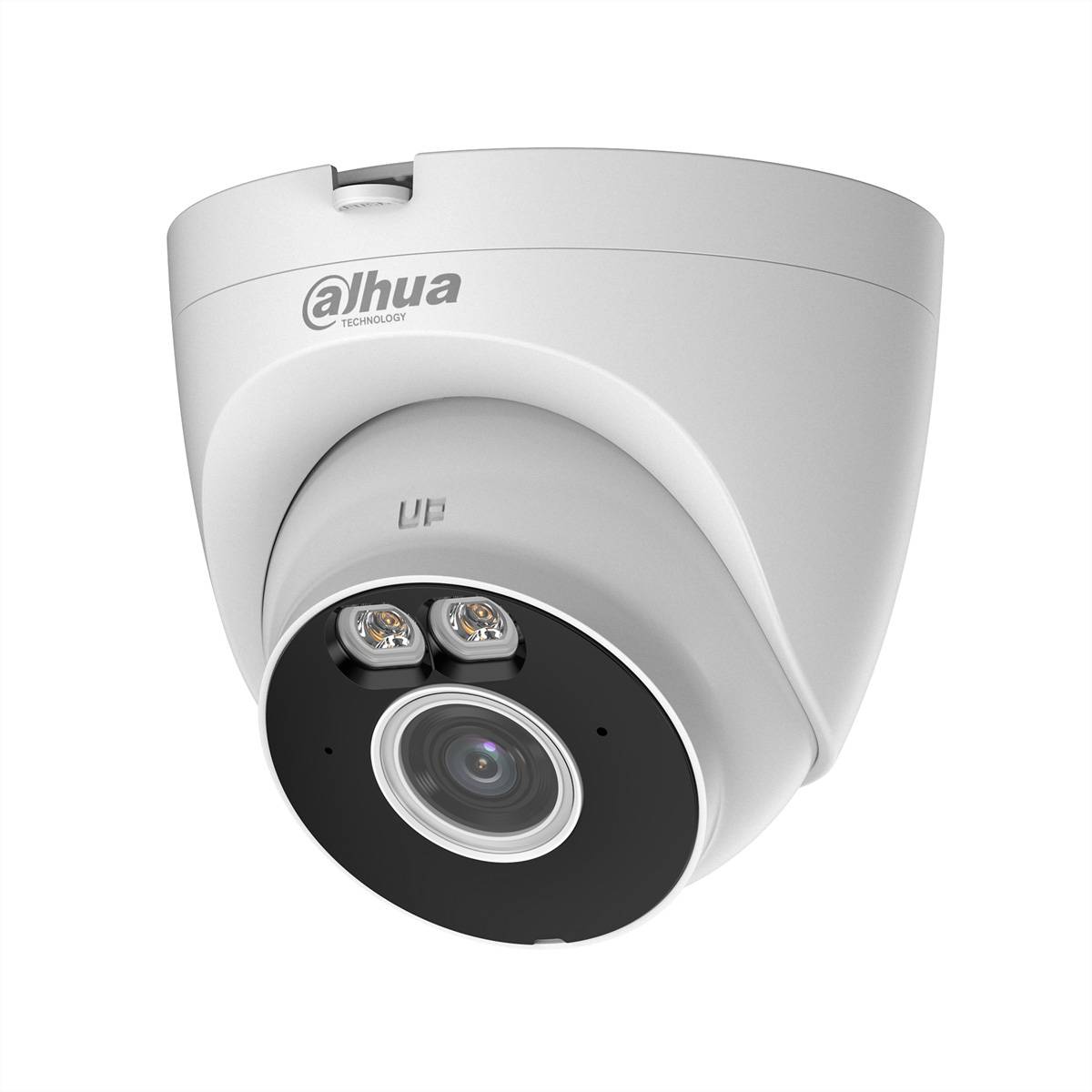 Eine weiße Überwachungskamera an der Decke montiert, mit einem Objektiv und zwei Infrarotlichtern, konstruiert für Überwachung.