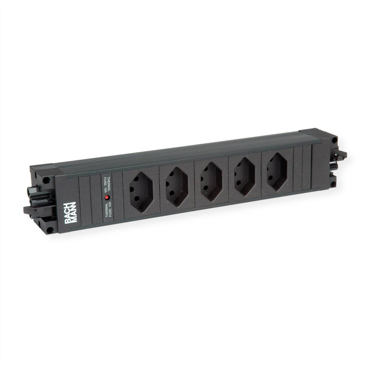 Ein Stromverteiler mit fünf Steckdosen in schwarzem rechteckigem Design, mit Ein-/Ausschalter und der Marke 