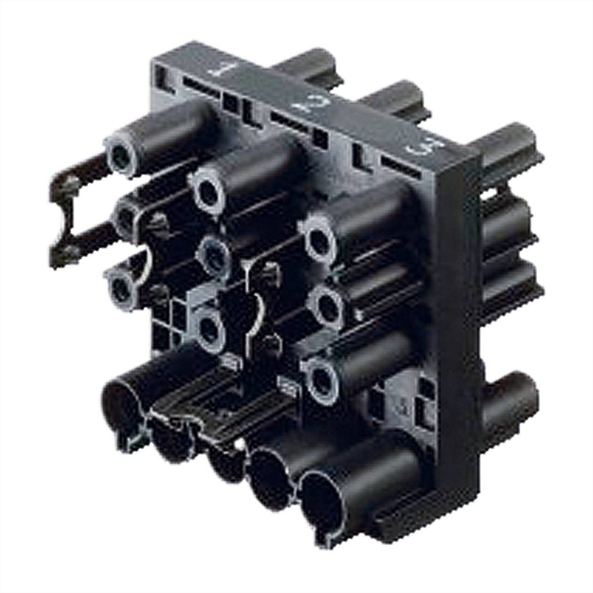 Ein schwarzer, quadratischer elektrischer Steckverbinder mit mehreren zylindrischen Anschlüssen, oben mit den Nummern 1 bis 5 gekennzeichnet, wird zum sicheren Verbinden von Verkabelung verwendet.