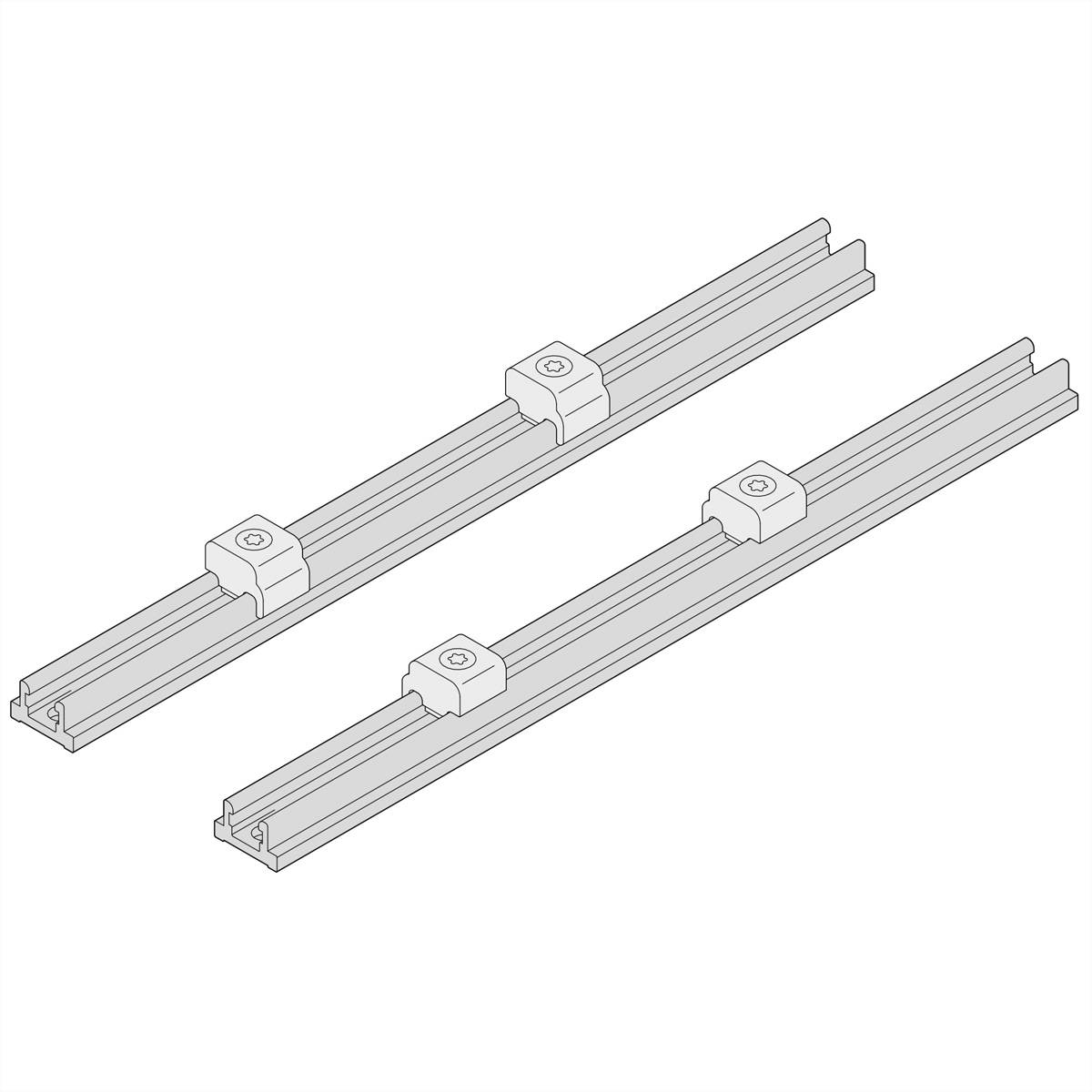 Zwei parallele Metallschienen mit montierten rechteckigen Konsolen, die für die Strukturmontage in mechanischen oder Konstruktionsanwendungen verwendet werden.