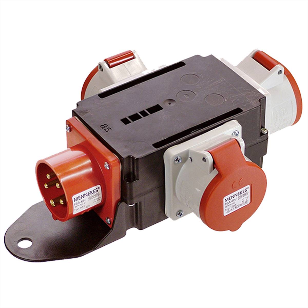Industrieller Elektrostecker mit mehreren roten Ein- und Ausgängen, gekennzeichnet mit „MENNEKES