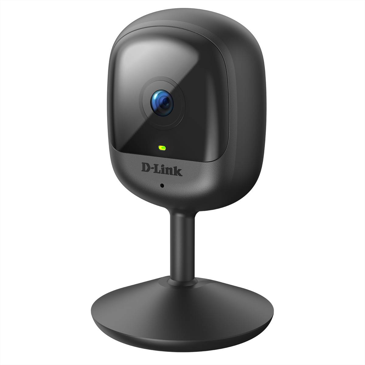 Eine schwarze D-Link-Sicherheitskamera mit abgerundetem rechteckigen Design ist auf einem Ständer montiert.