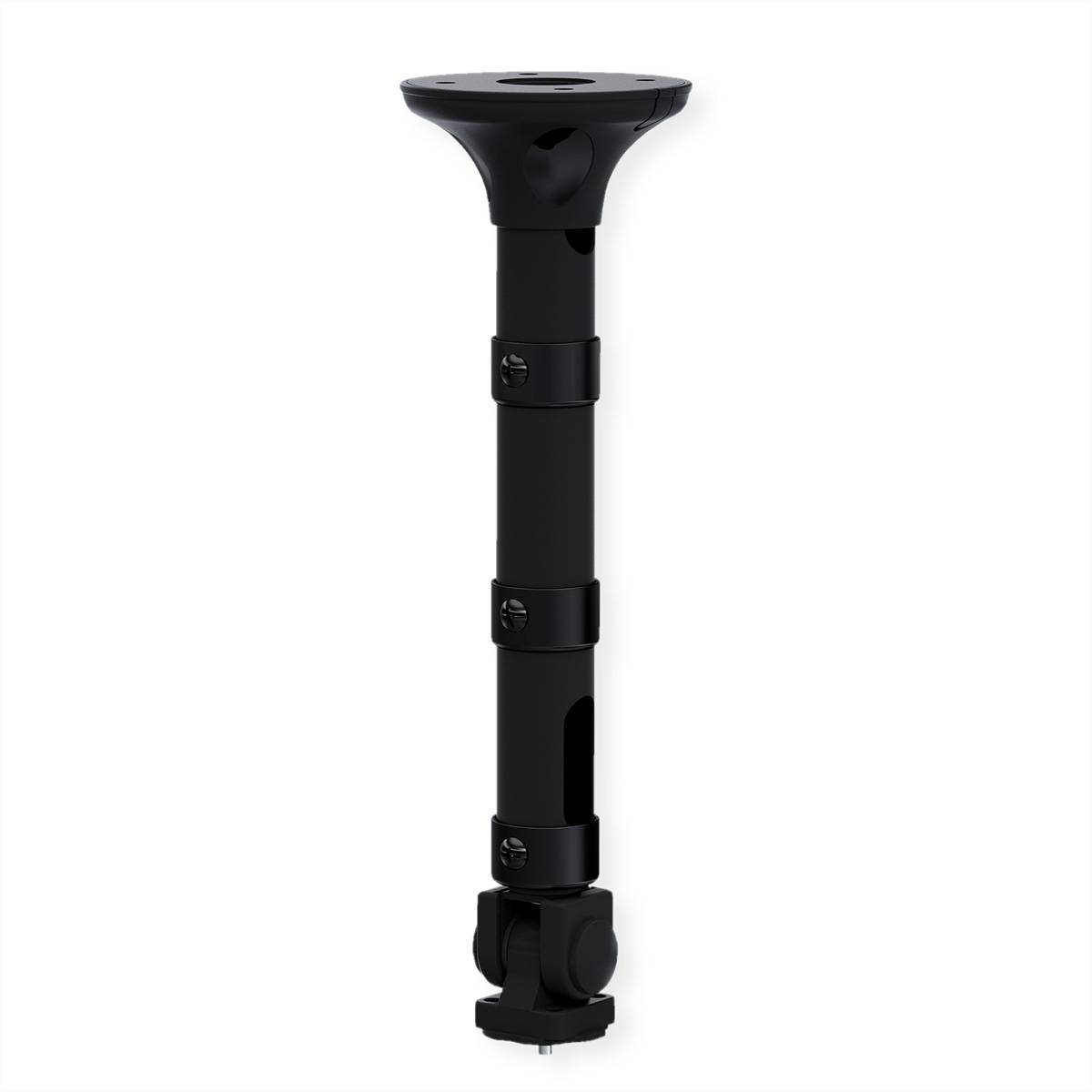 Schwarzer teleskopischer Monitorständer mit verstellbaren Höhenabschnitten und einer runden Montagebasis.