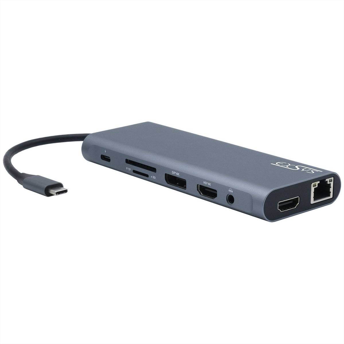 Ein Multi-Port USB-C-Hub mit einem Ethernet-Anschluss, HDMI, SD-Kartensteckplätzen, Audiobuchse und anderen Anschlüssen, gezeigt vor weißem Hintergrund.