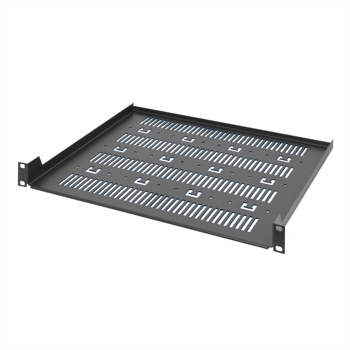 Ein Metallserver-Rack-Regal mit Belüftungsschlitzen und Montagebügeln, das für die Installation in Standard-Ausrüstungsracks ausgelegt ist.