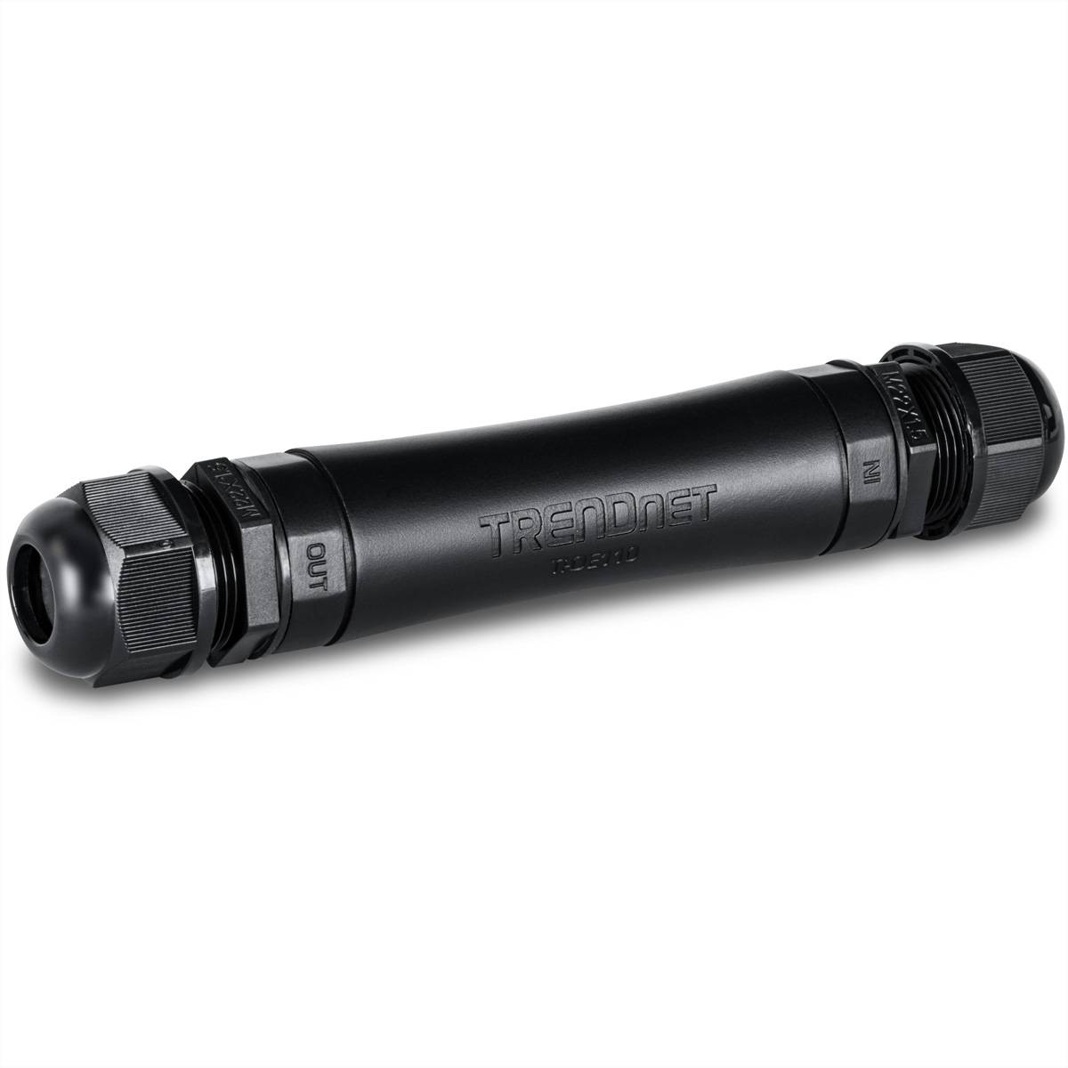 Ein schwarzer TRENDnet wasserdichter Inline-Koppler mit der Aufschrift 