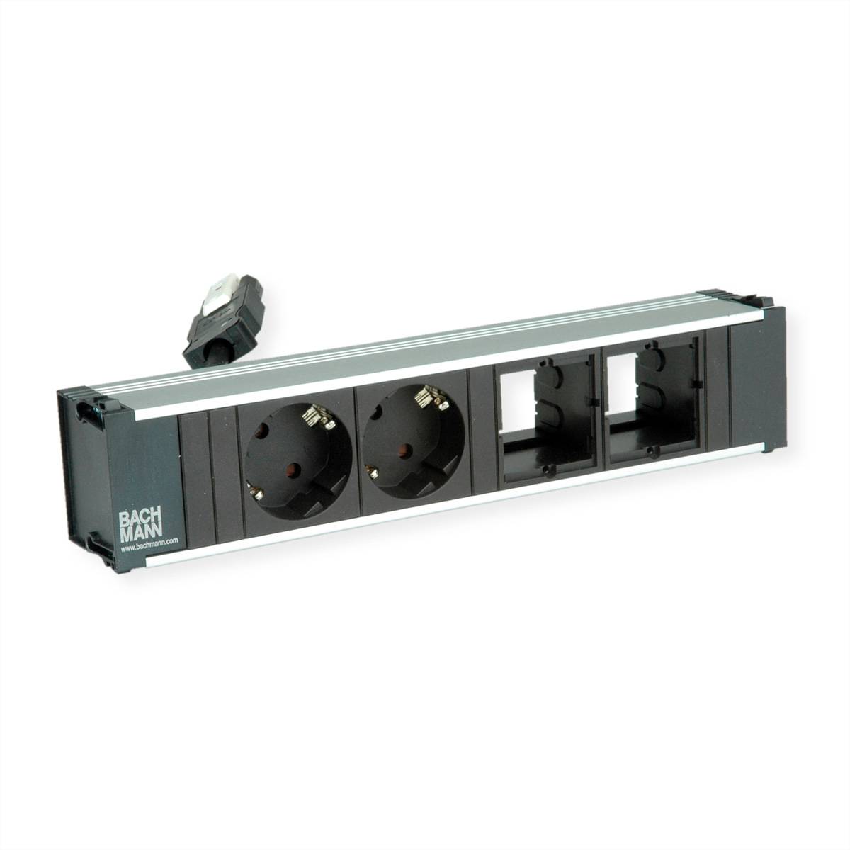 Schwarze Steckerleiste mit zwei europäischen Steckdosen und zwei leeren Slots für zusätzliche Module, abgewinkelter Stecker an einem Ende sichtbar.