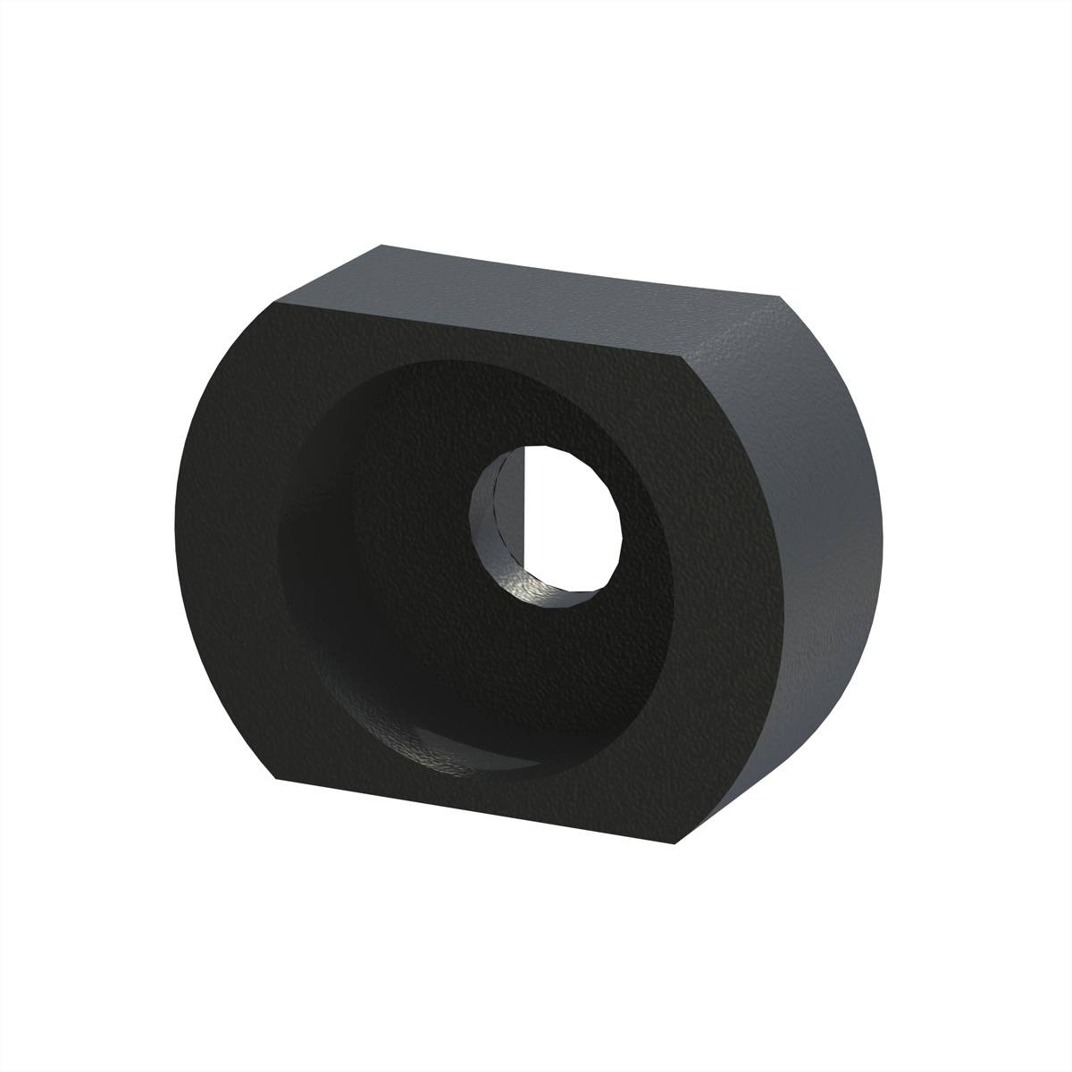 Ein schwarzer, zylindrischer Gummidichtring mit einer zentralen Bohrung, der zum Befestigen und Isolieren von Drähten verwendet wird, dargestellt in einer 3D-Perspektivansicht.